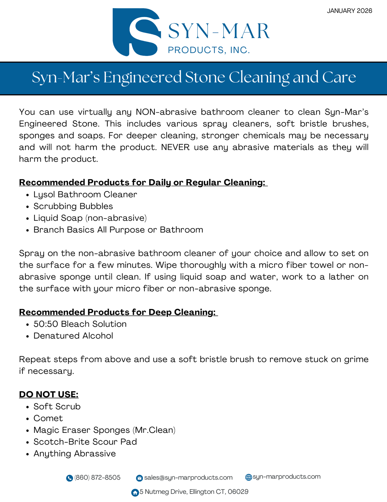 Cleaning and care instructions for Syn-Mar's engineered stone, including product recommendations and 