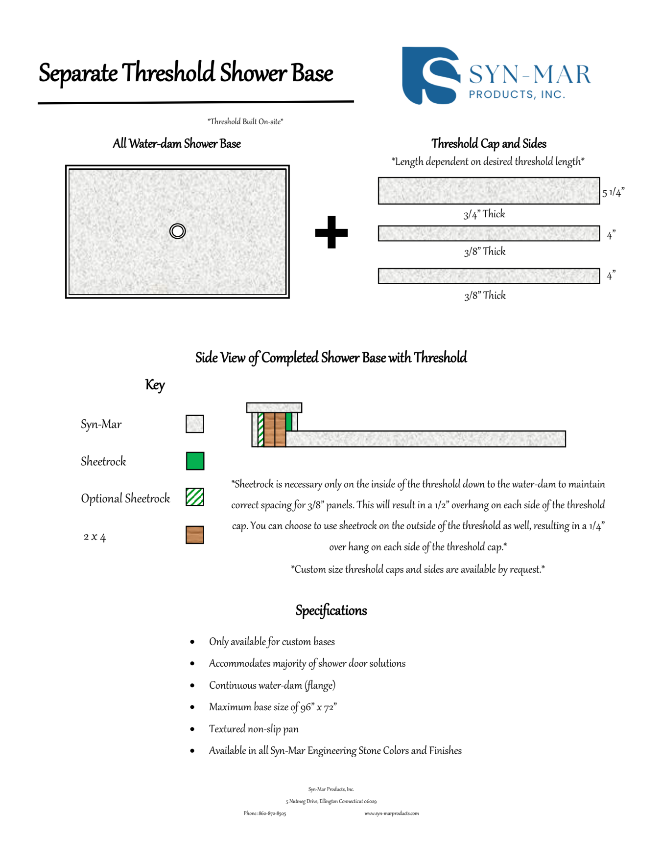 Diagram for a separate threshold shower base, with components and specifications listed.