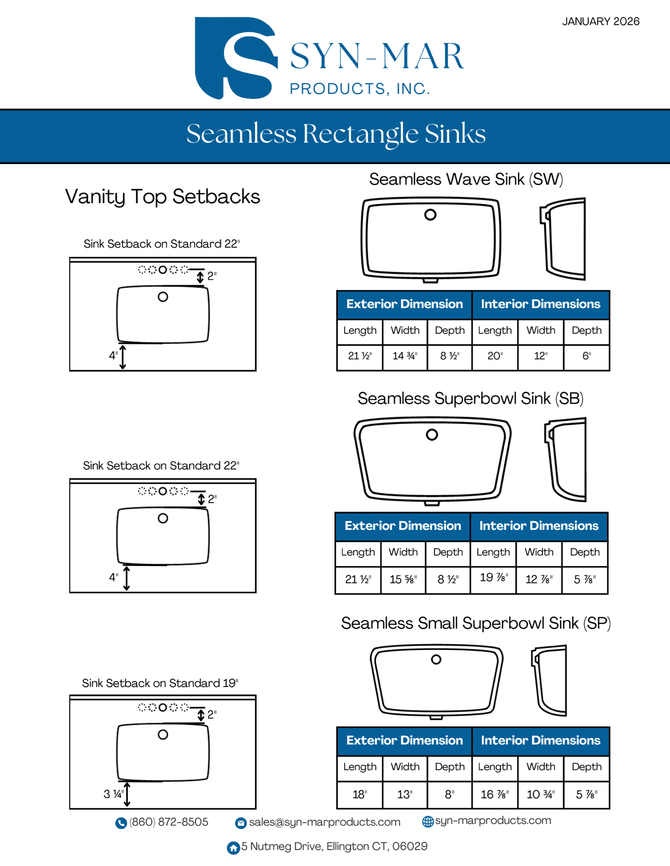 Diagram of seamless rectangle sinks, with dimensions. Includes several sink types.