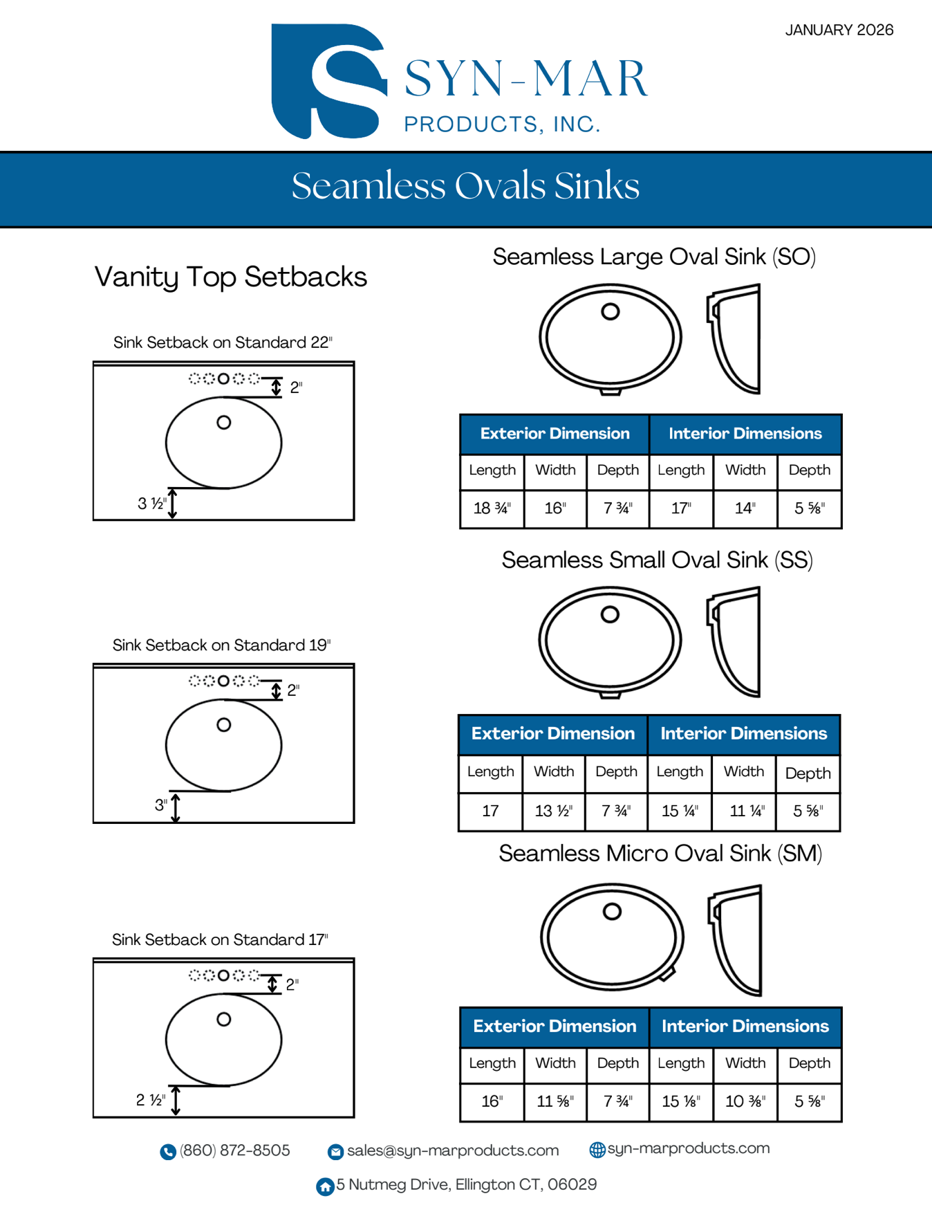 Diagram of seamless oval sinks with dimensions. Blue logo at top: SYN-MAR.