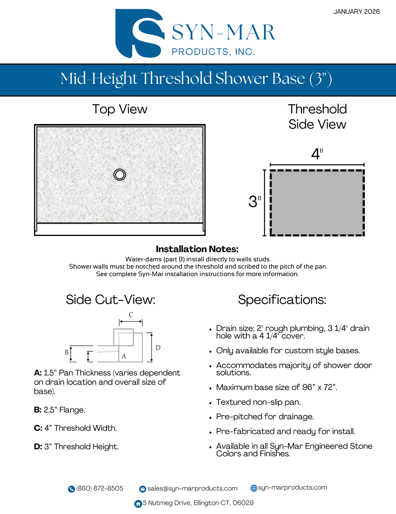 Diagram of Syn Mar shower base, with top, side and threshold views, and specifications.