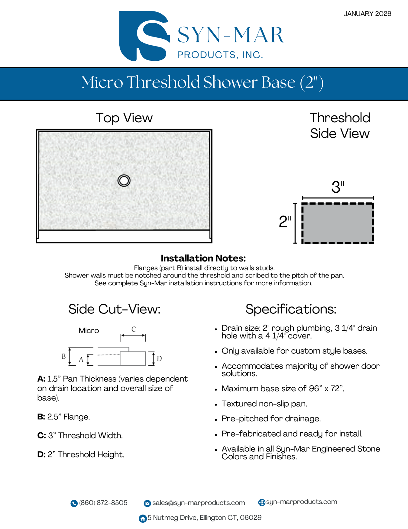 Diagram of a micro threshold shower base, showing top and side views with dimensions and specifications.