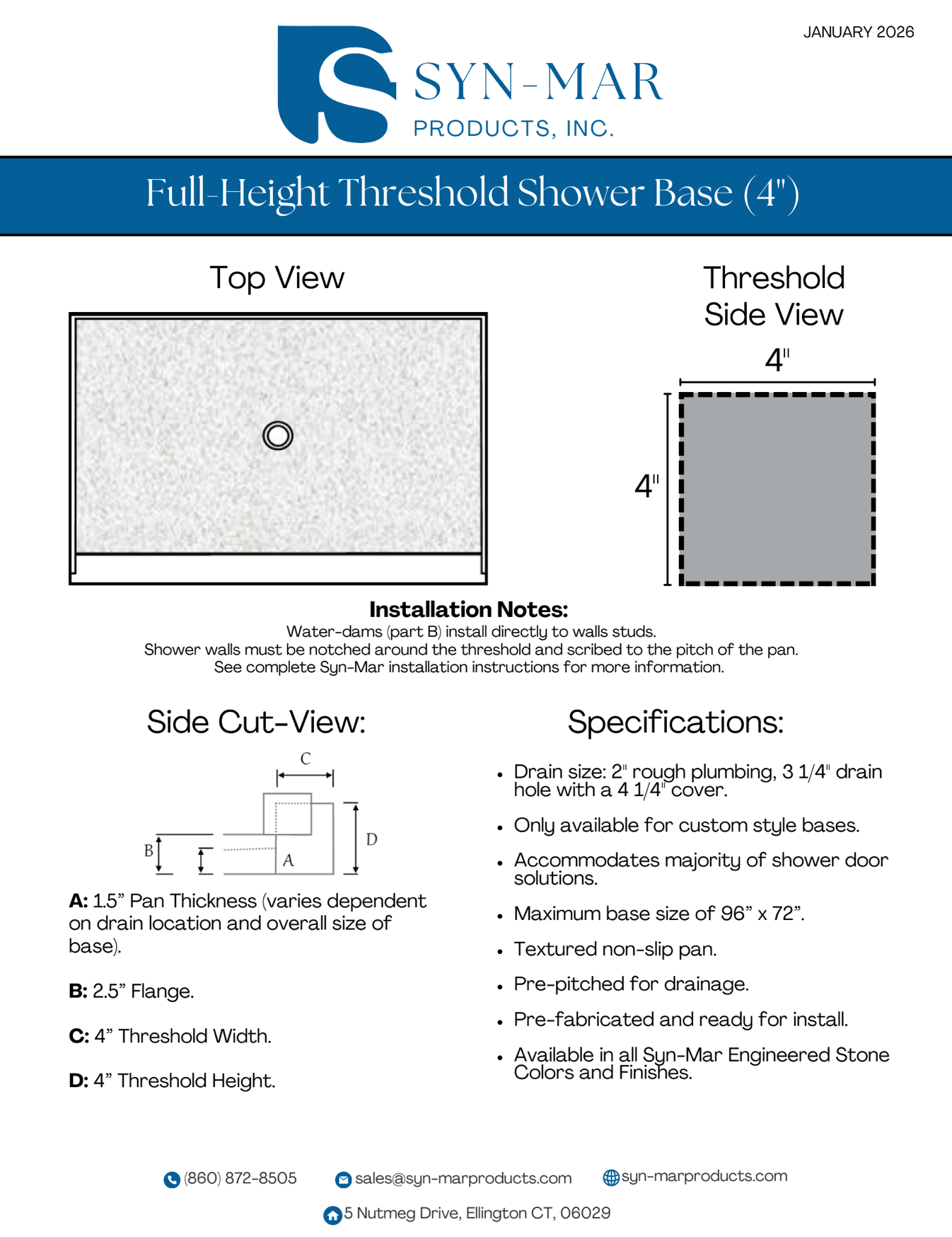 Diagram of a full-height threshold shower base. 