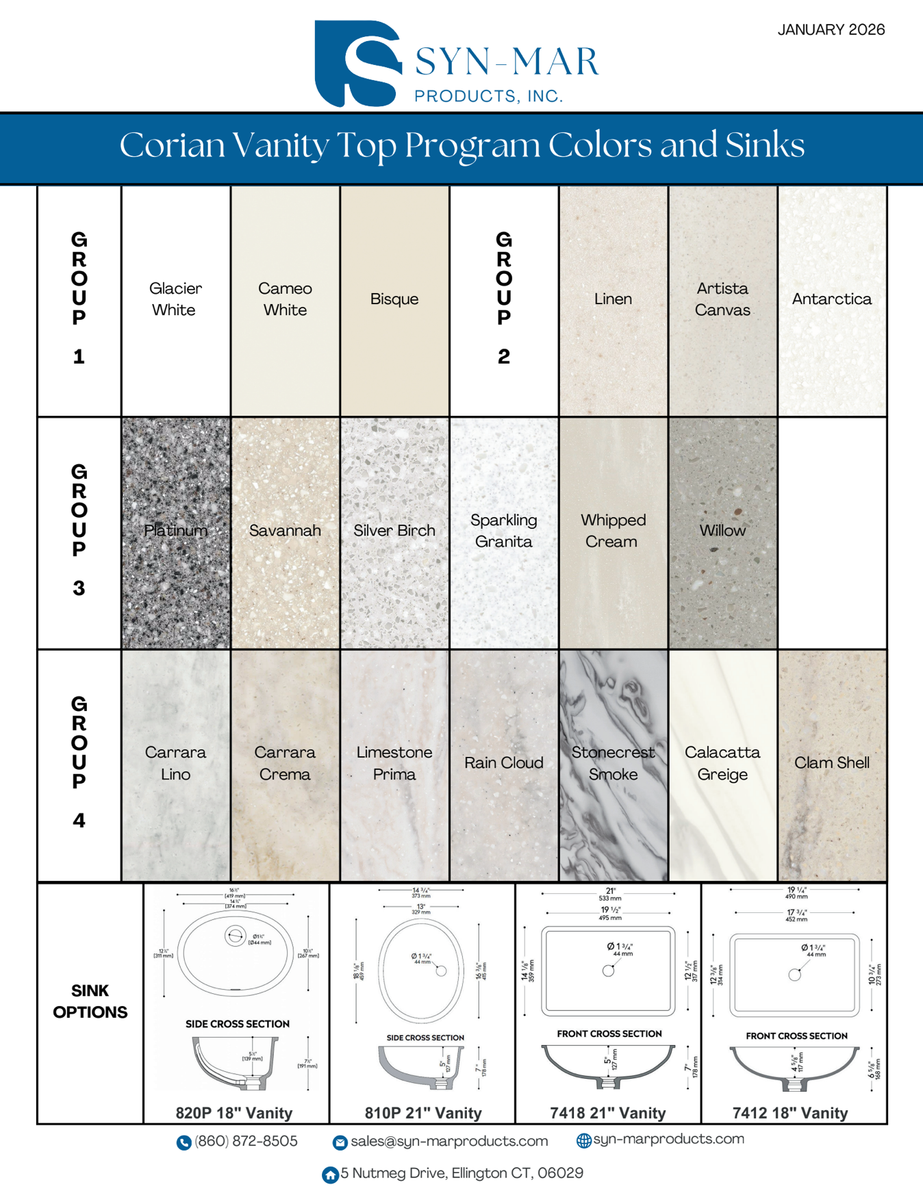 Vanity top program: material samples in various colors, plus sink diagrams with dimensions.