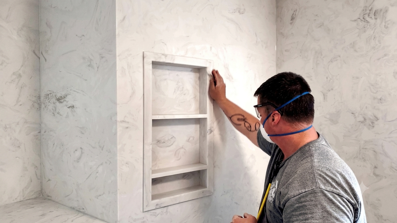 Man measuring a recessed wall niche with a tape measure in a white interior room