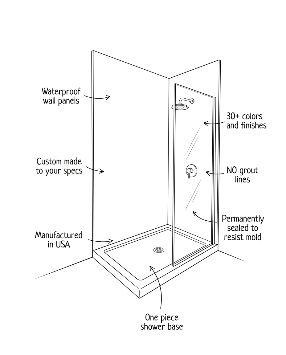Grout-free shower showing labeled features including waterproof wall panels, custom sizing, a one-piece shower base, no grout lines, multiple color and finish options, and a permanently sealed surface designed to resist mold.