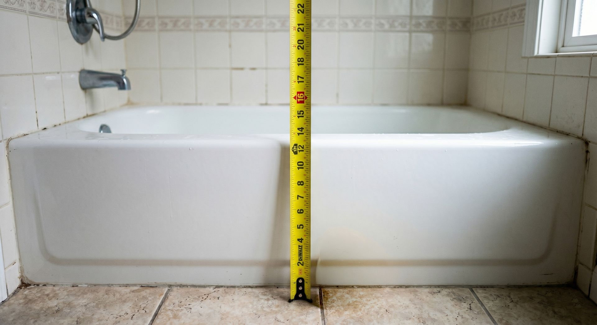 Bathroom bathtub with a yellow tape measure standing vertically in the center.