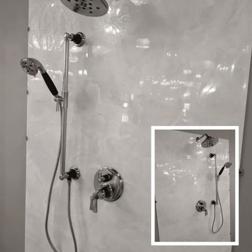 White oval sink in a blue and white patterned countertop by Syn-Mar