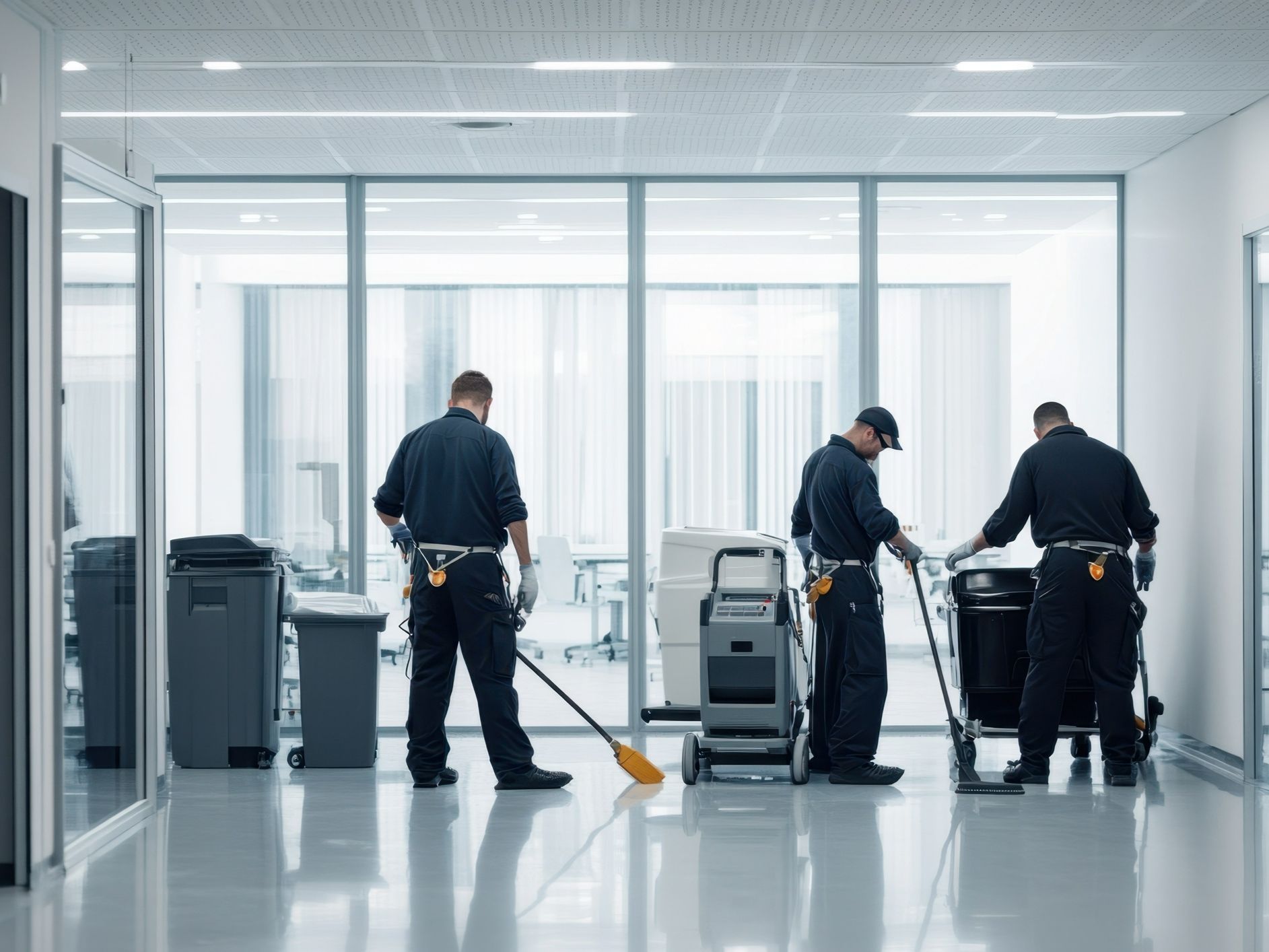 Three people in black uniforms cleaning a modern, bright office hallway.