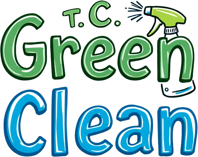 Green Clean logo with spray bottle, green and blue text, "T.C. Green Clean".