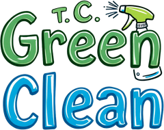 Green Clean logo with spray bottle, green and blue text, "T.C. Green Clean".