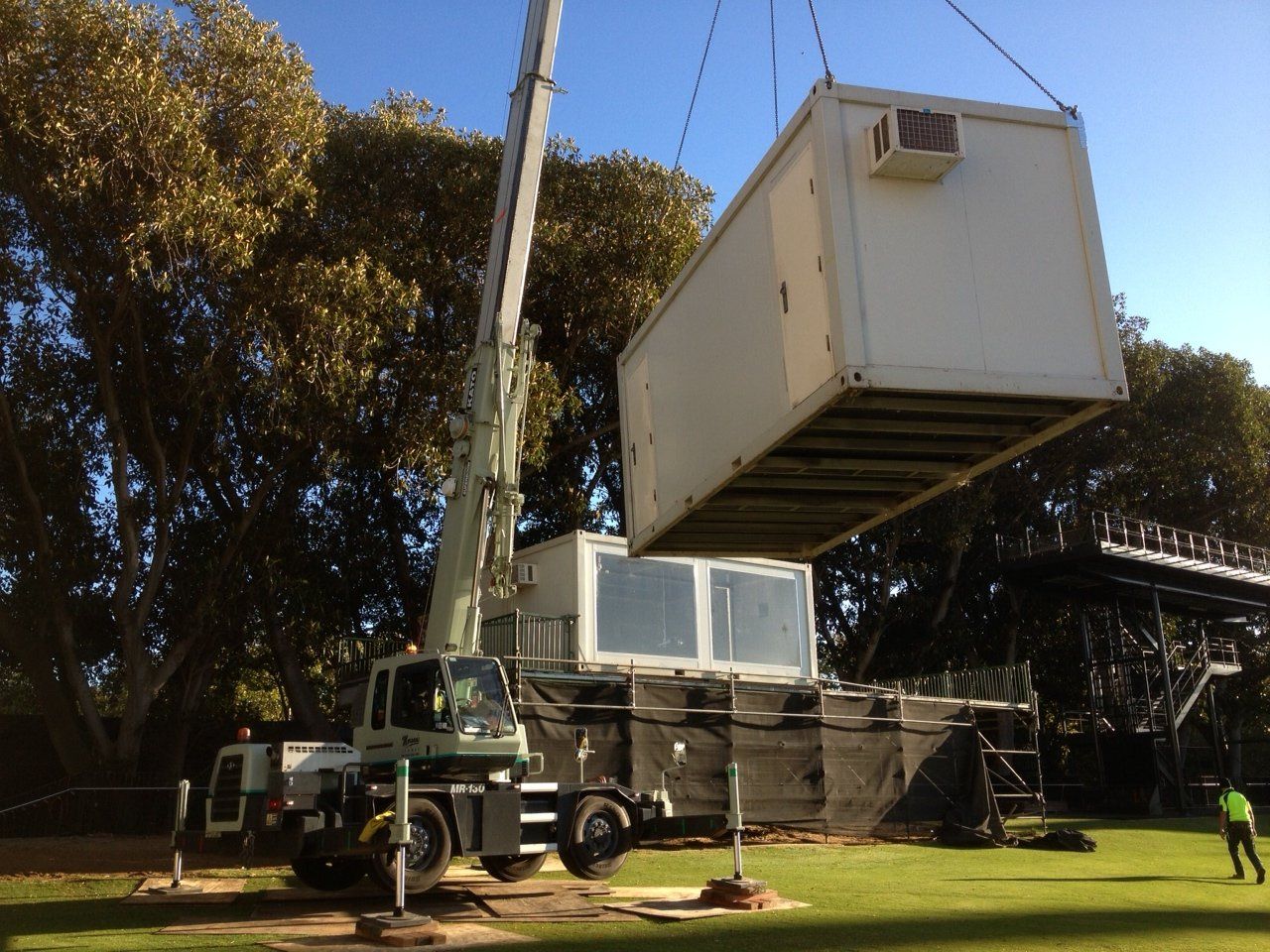 Morgans Crane Hire Adelaide 13T Kato City Crane  Portable Commentators Box Atco Hut