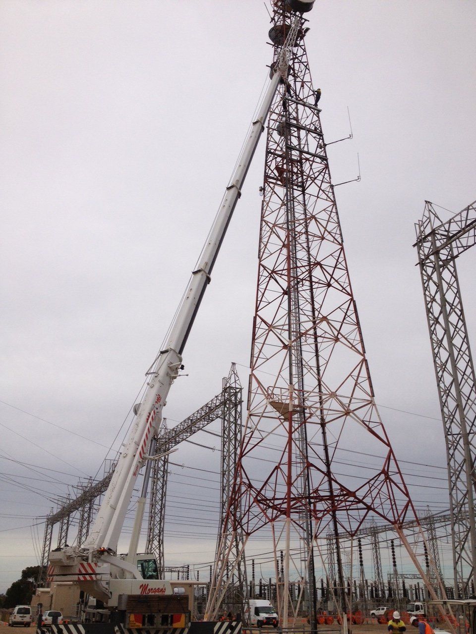 Morgans Crane Hire Adelaide Working with SA Power Networks Enerven Electranet Transmission Tower Live Line Crane