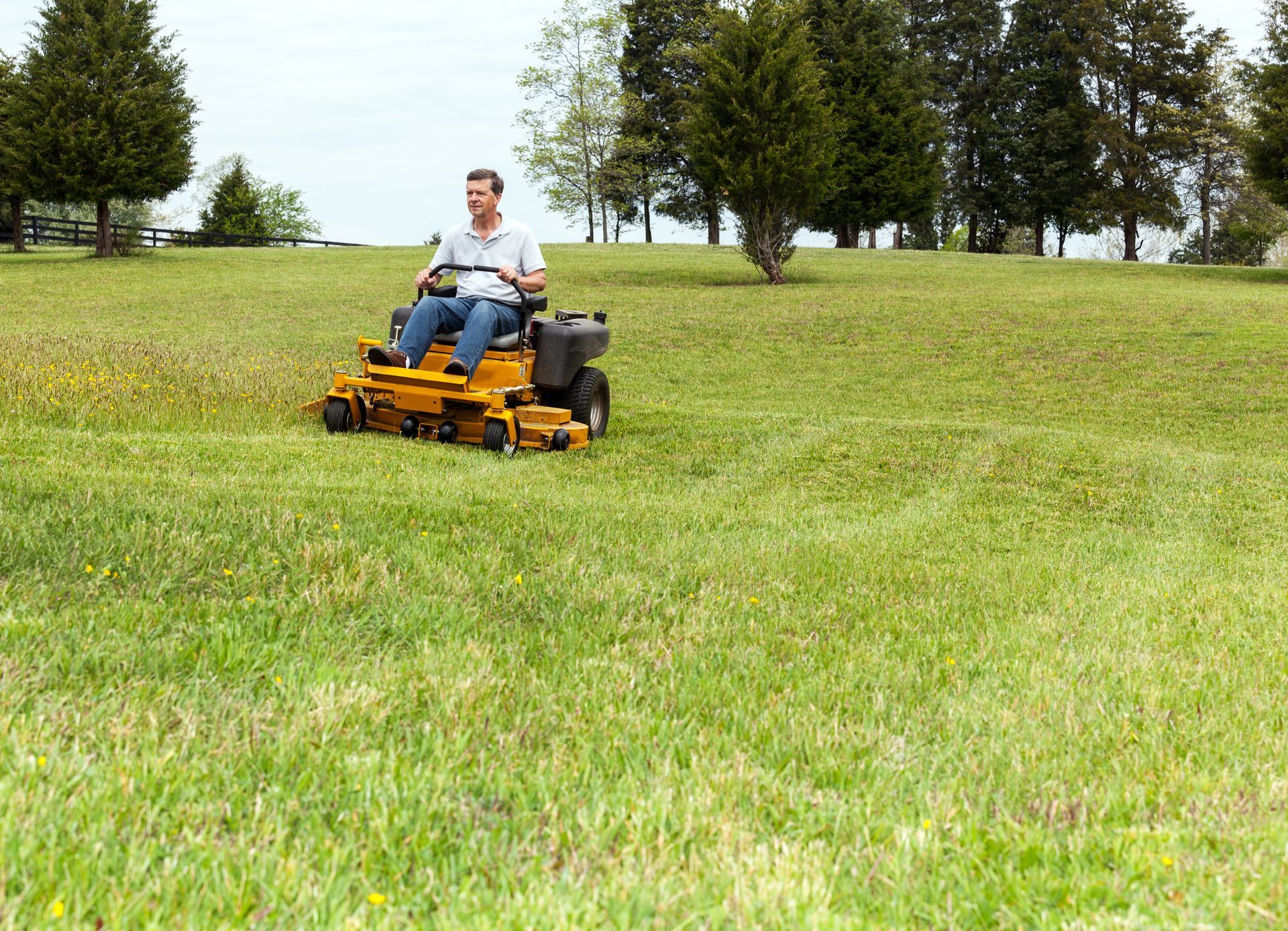 A man on a yellow lawn mower in a field, representing C & J Landscaping's lawn treatments in Orion, 