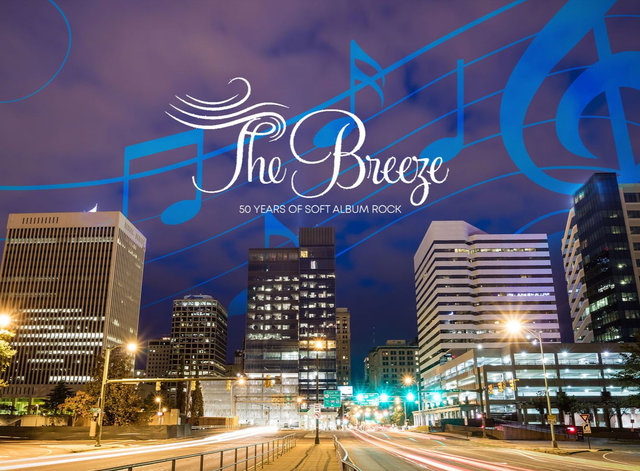 City skyline at dusk with musical notes overlay, logo 