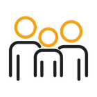 Three stylized people icons, two yellow-orange heads, black outlines, and a black body shape.