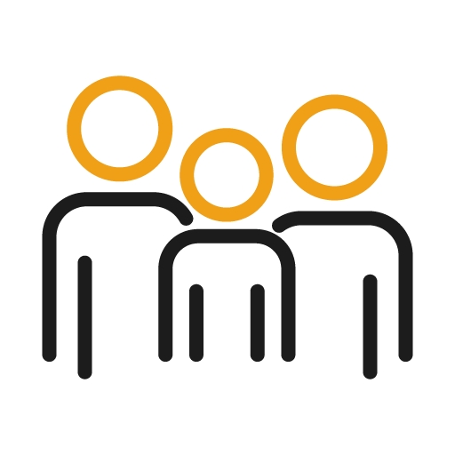Three stylized people icons, two yellow-orange heads, black outlines, and a black body shape.