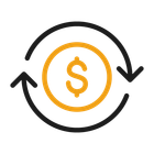 A gold coin with a dollar sign inside a black circle with arrows, representing currency exchange.