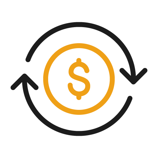 A gold coin with a dollar sign inside a black circle with arrows, representing currency exchange.