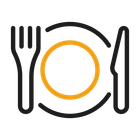 Fork, knife, and plate icon. Black and orange.