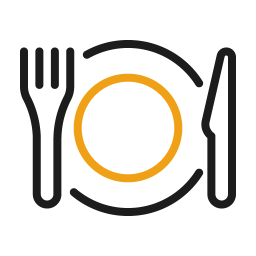 Fork, knife, and plate icon. Black and orange.