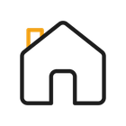 House icon with black outline, yellow chimney and door.