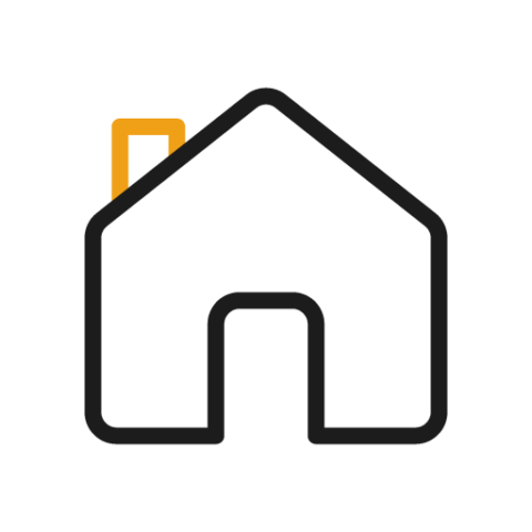 House icon with black outline, yellow chimney and door.