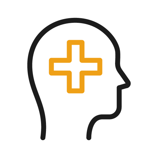 Profile of a head with a gold plus sign inside, representing mental health.