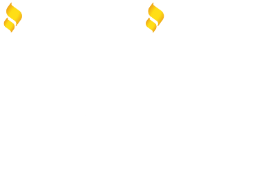 Two gold flame-like symbols, one in each top corner, on a white background.