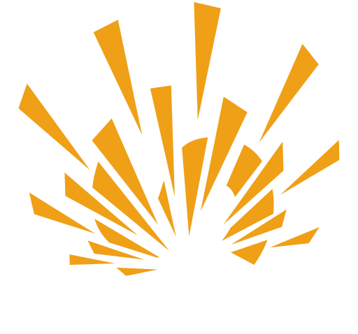 Orange, stylized sunburst radiating from a semicircle.