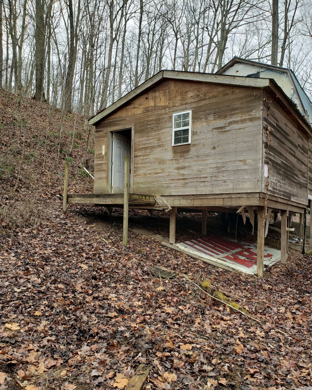 A small wooden cabin is sitting on top of a pile of leaves in the woods.