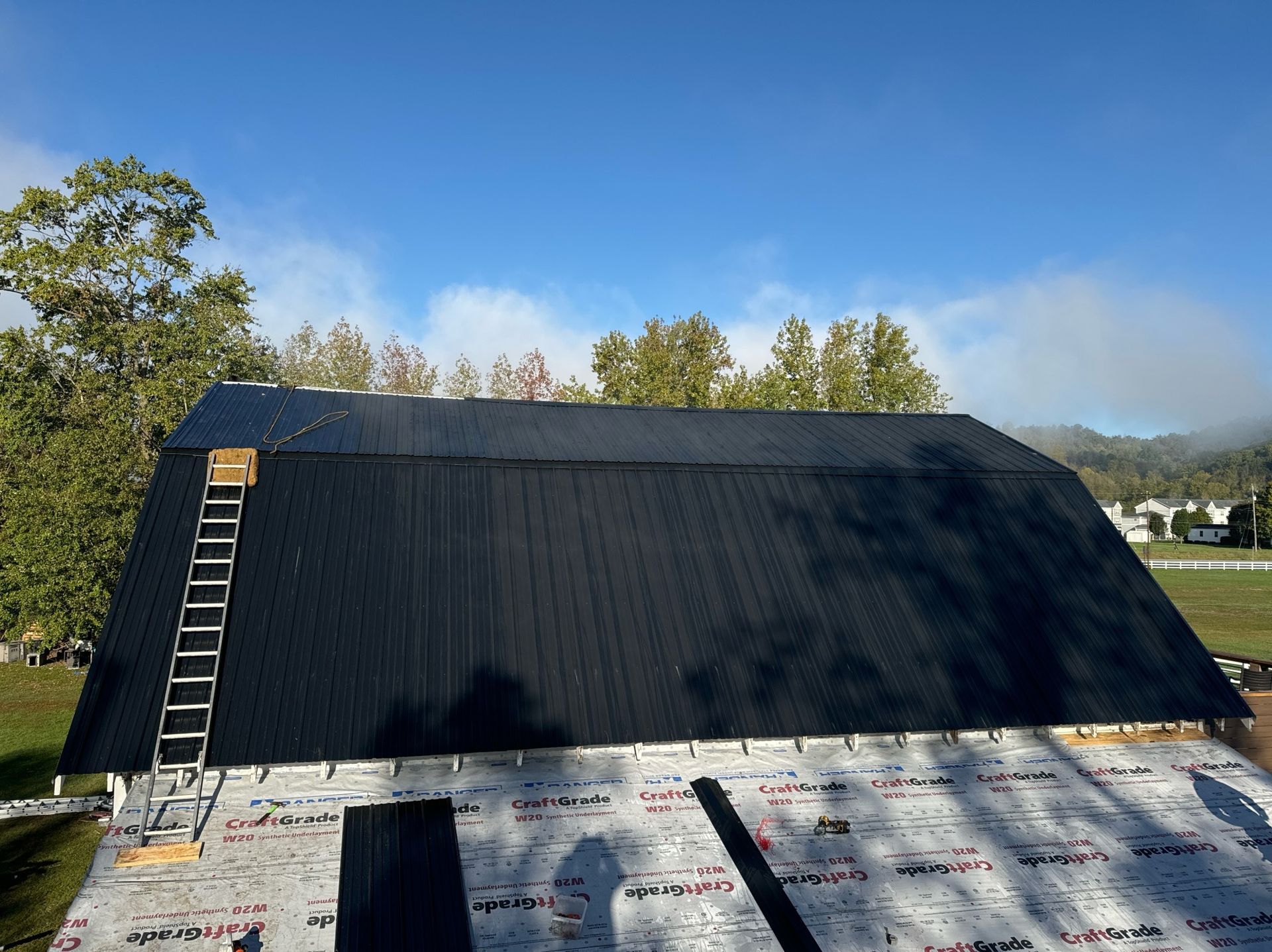 A black roof with a ladder attached to it