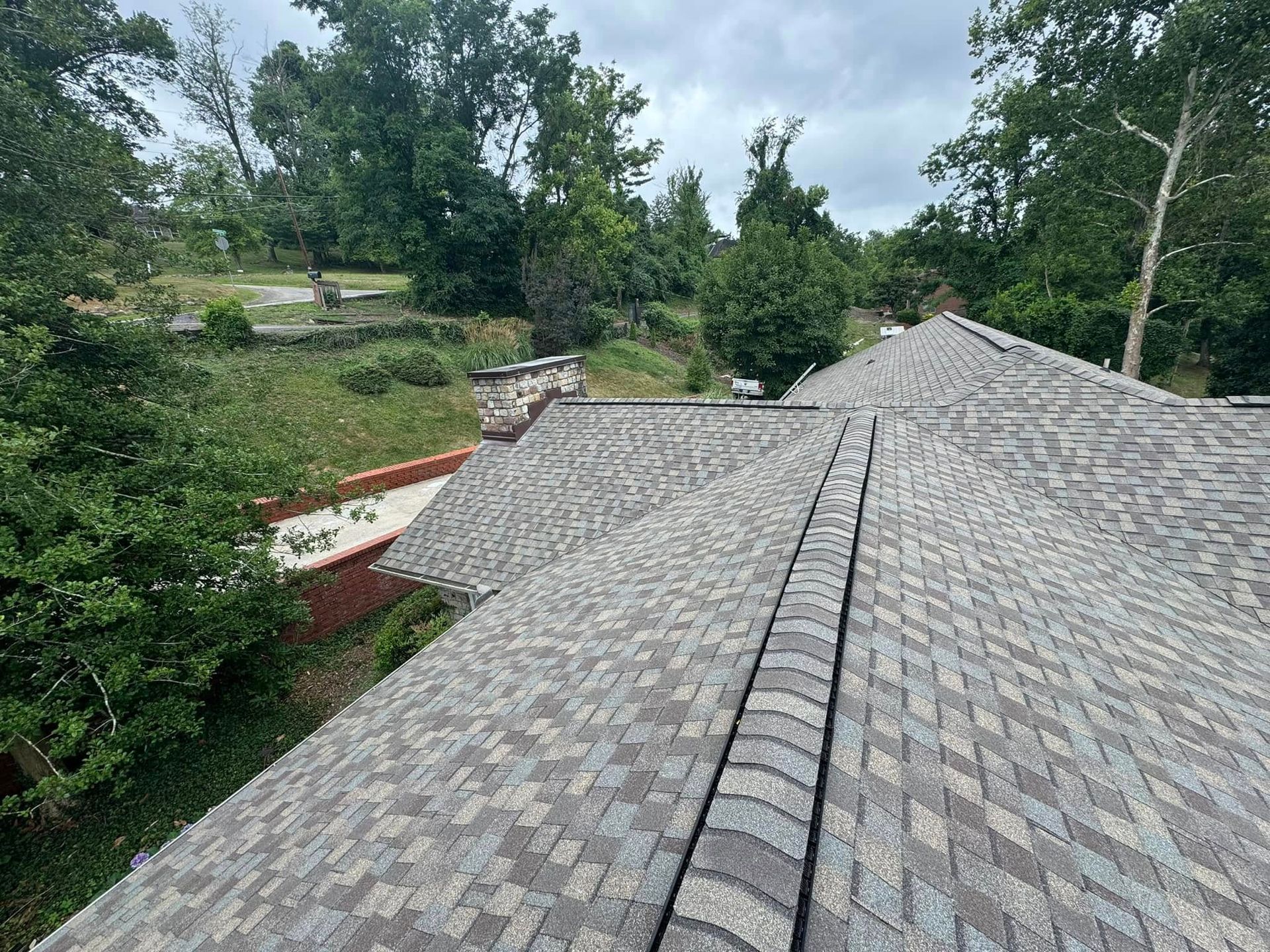 The roof of a house with a lot of trees in the background.