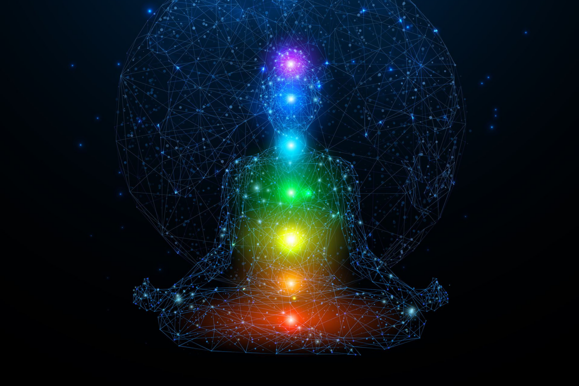 Abstract glowing human figure with rainbow chakras and blue particle halo on a dark background