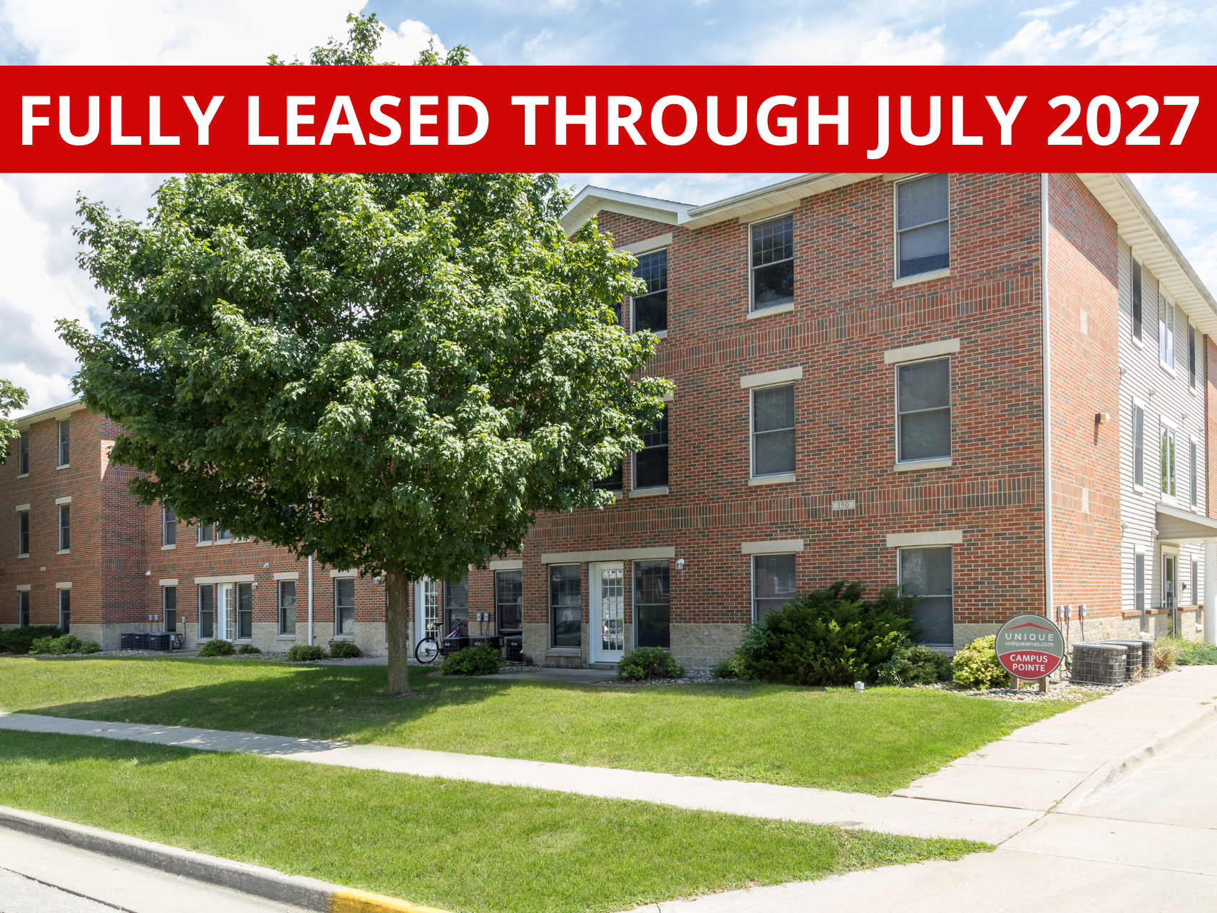 Exterior view of 150 Campus, a comfortable apartment building in Ames, IA offering convenient living spaces close to ISU amenities.
