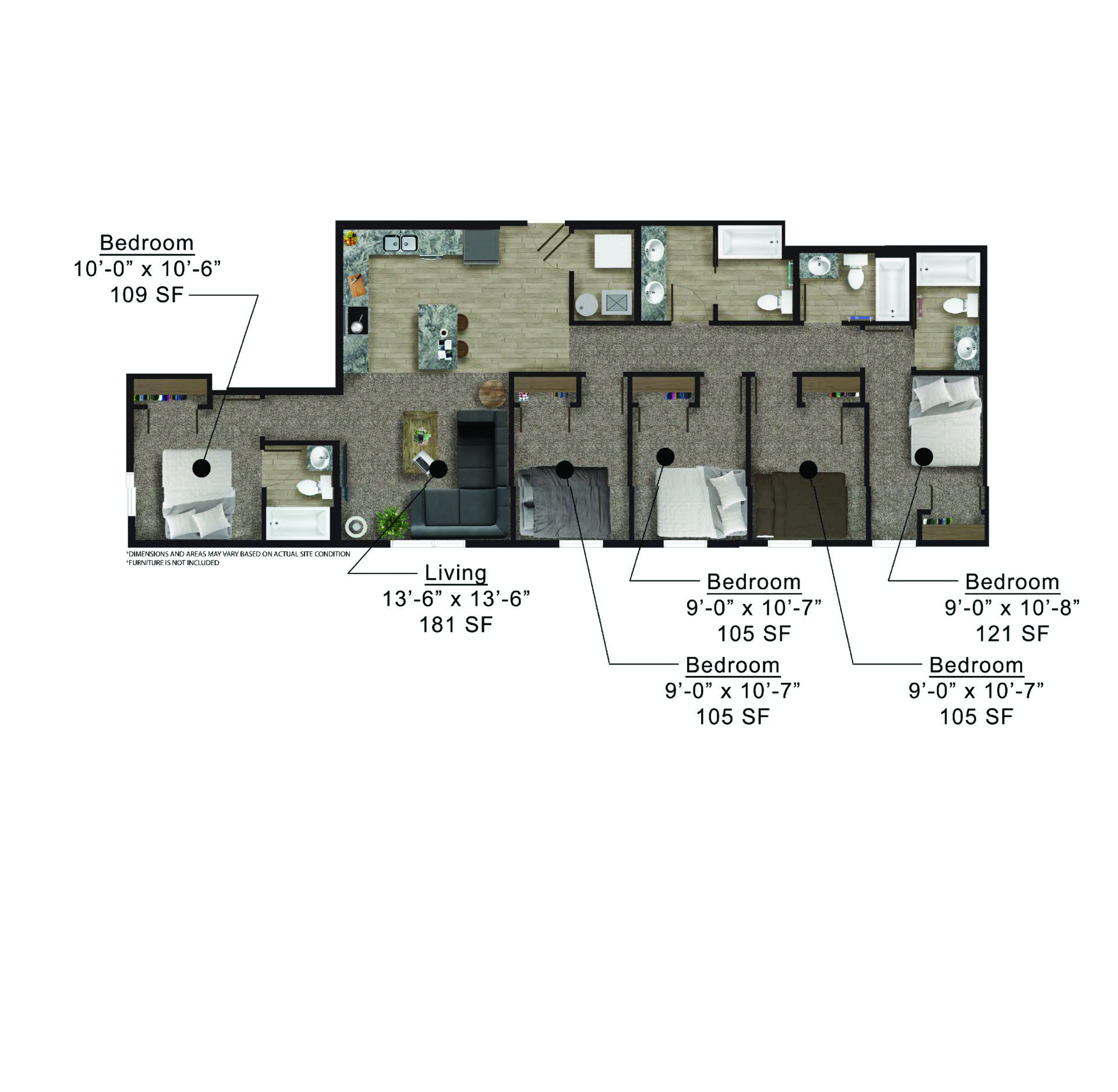 Clocktower Place | Floor plan layout of a spacious apartment unit at Unique Apartment Homes in Ames, IA, featuring modern design and functional living spaces.