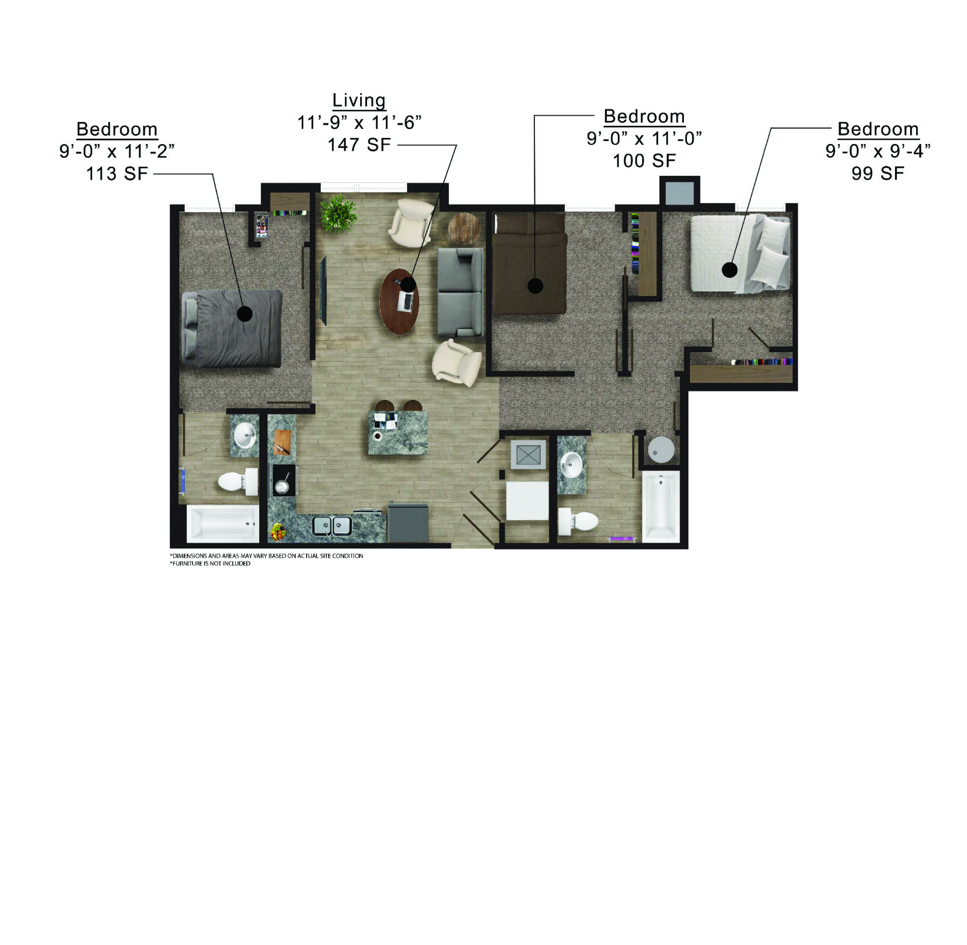 Clocktower Place | Floor plan layout of a spacious apartment unit at Unique Apartment Homes in Ames, IA, featuring modern design and functional living spaces.