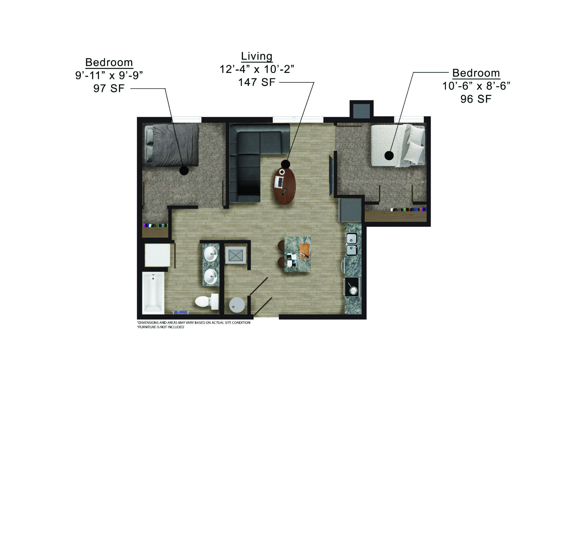 Clocktower Place | Floor plan layout of a spacious apartment unit at Unique Apartment Homes in Ames, IA, featuring modern design and functional living spaces.