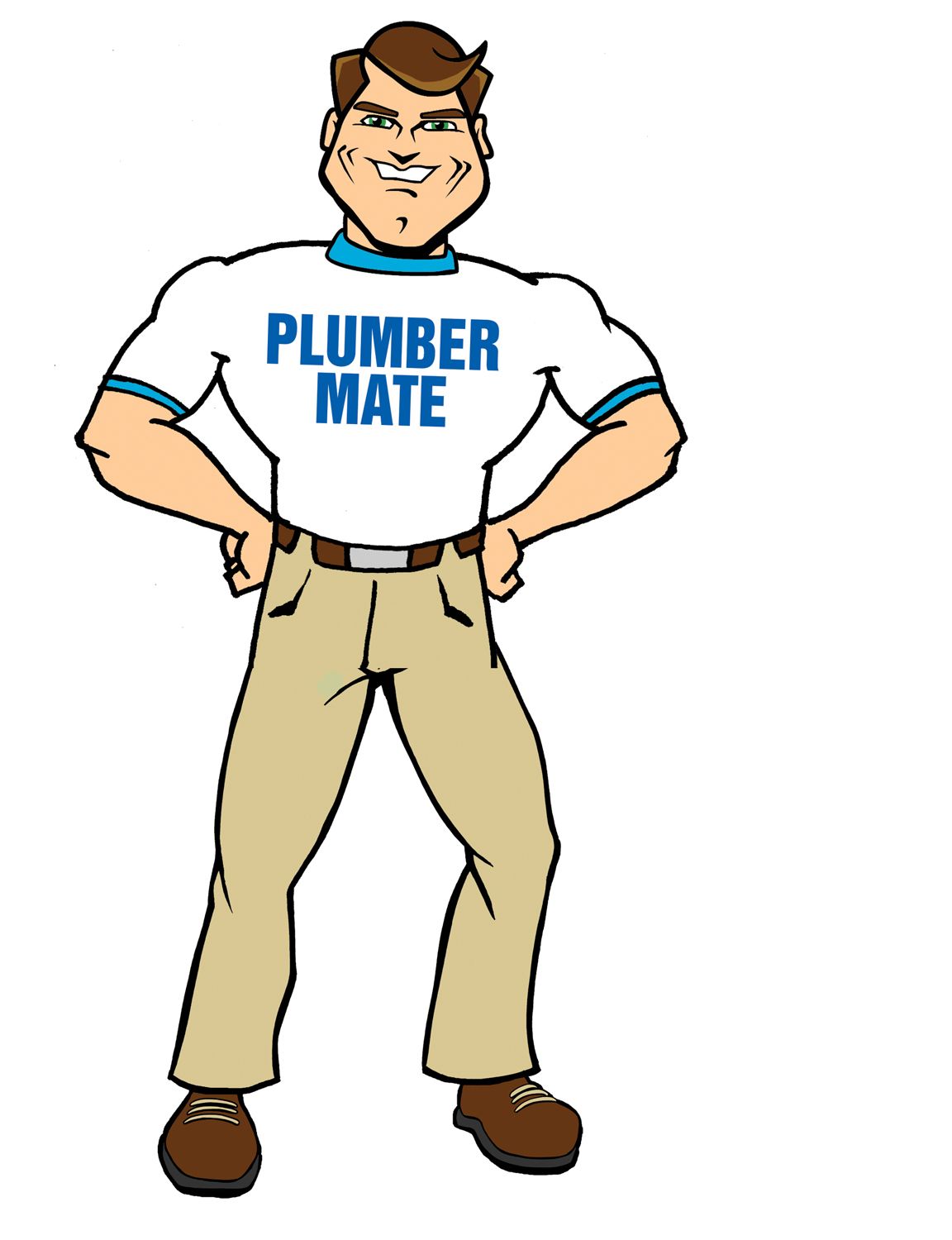Cartoon plumber in white shirt that says