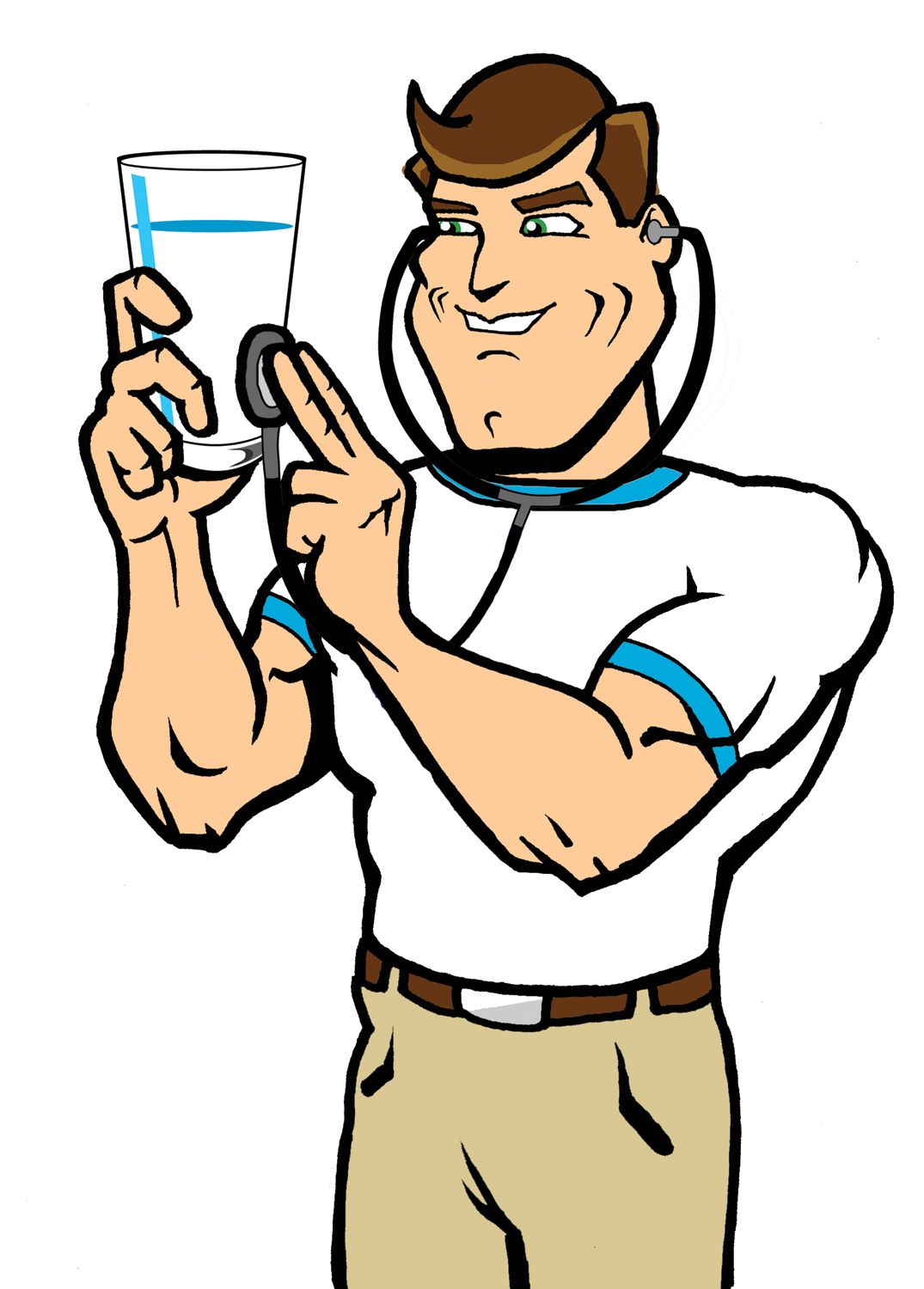 Man examining glass of water with stethoscope.
