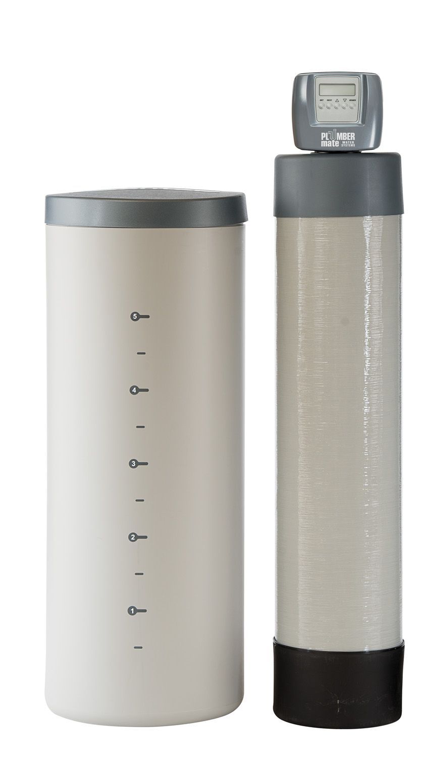 Water softener system: white cylindrical tank and taller column with digital display.