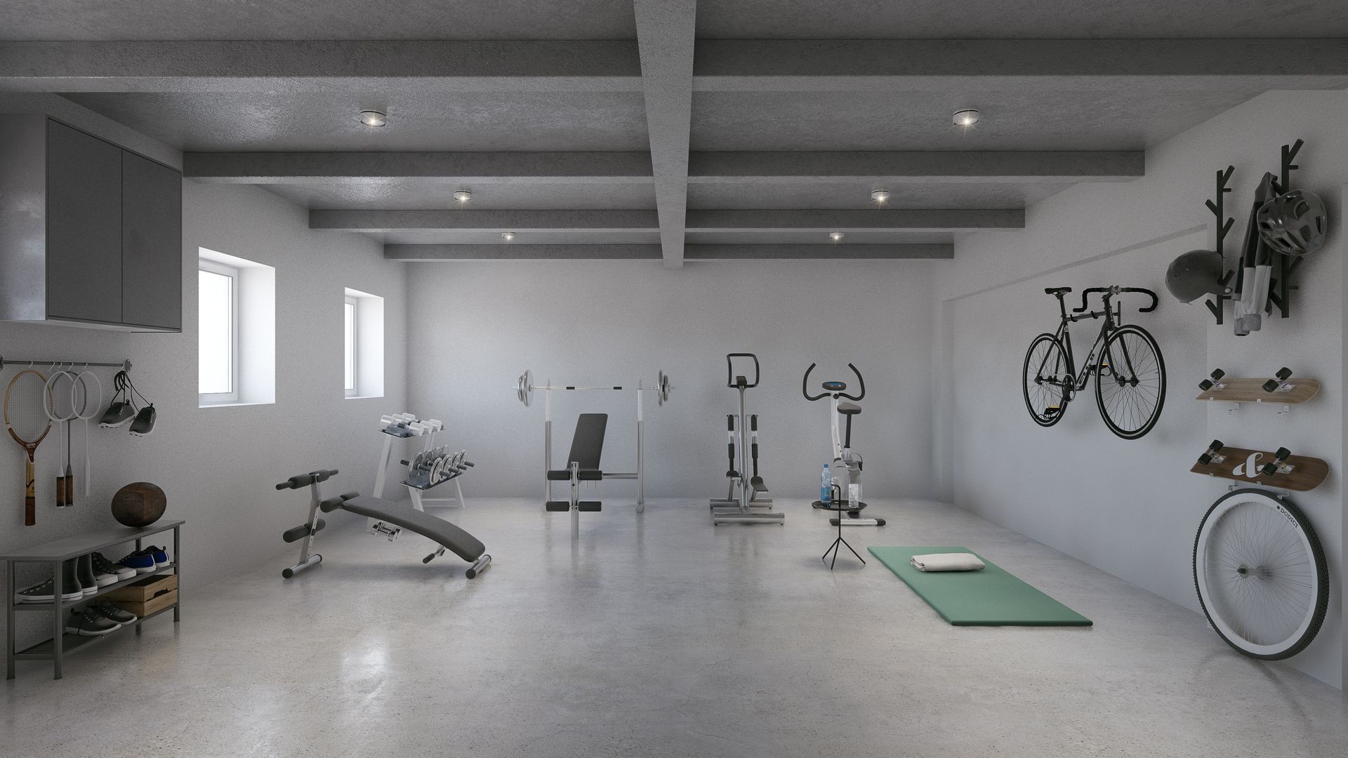 A home gym with exercise equipment: weight bench, stationary bikes, a treadmill, and two bicycles mounted on the wall.