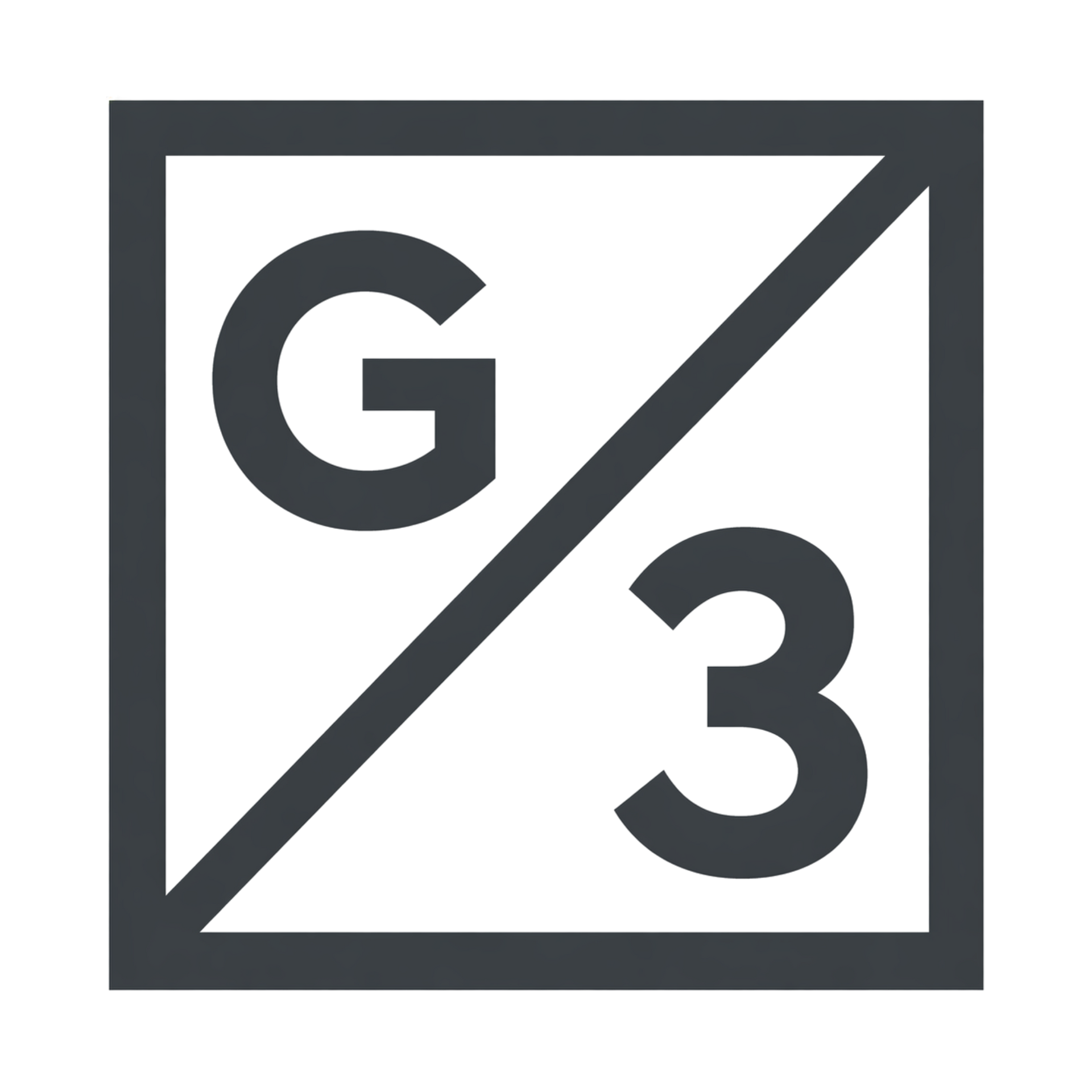 Gray square logo with a diagonal slash separating a G and 3.