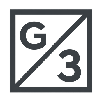 Gray square logo with a diagonal slash separating a G and 3.
