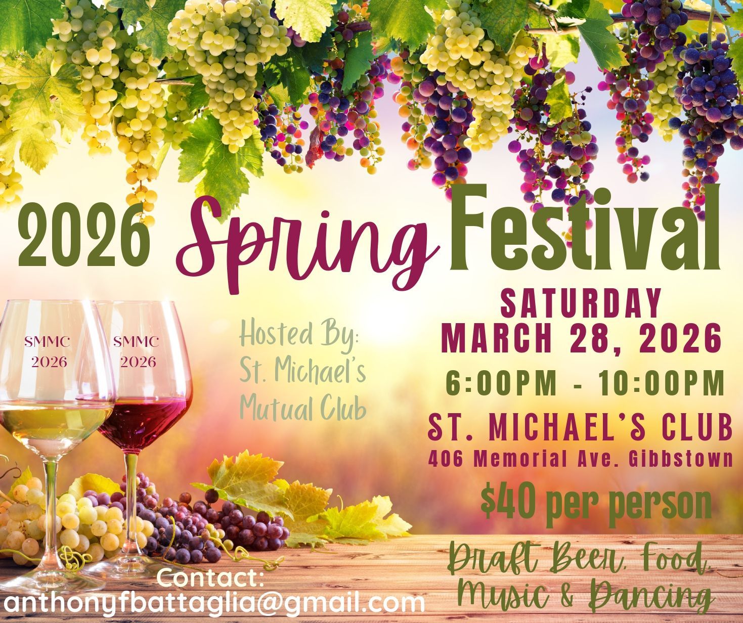 Poster for 2026 Spring Festival at St. Michael's Club on March 28th, 6-10PM; $40 per person with food, beer & dancing.