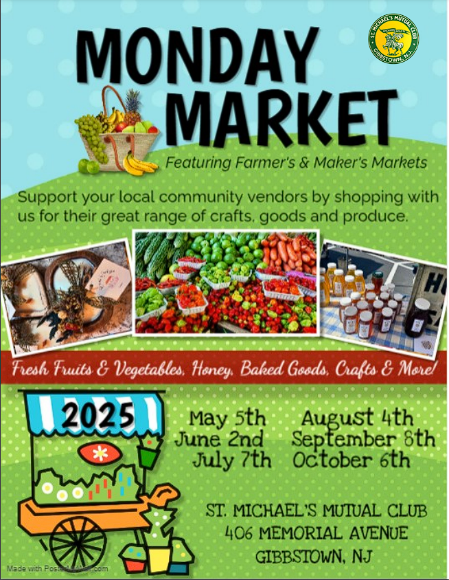 A poster for a monday market featuring farmers and makers markets