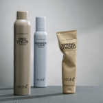 Three cosmetic tubes and bottles on a gray surface, in beige, white, and tan packaging.