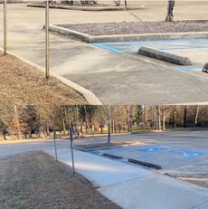 Two views of a sidewalk ramp leading to a blue-painted accessible parking space in a parking lot.