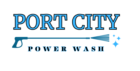 Logo for "Port City Power Wash" featuring a black pressure washer wand spraying a blue splash of water.