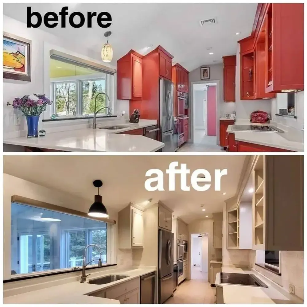 A before and after photo of a kitchen with red cabinets